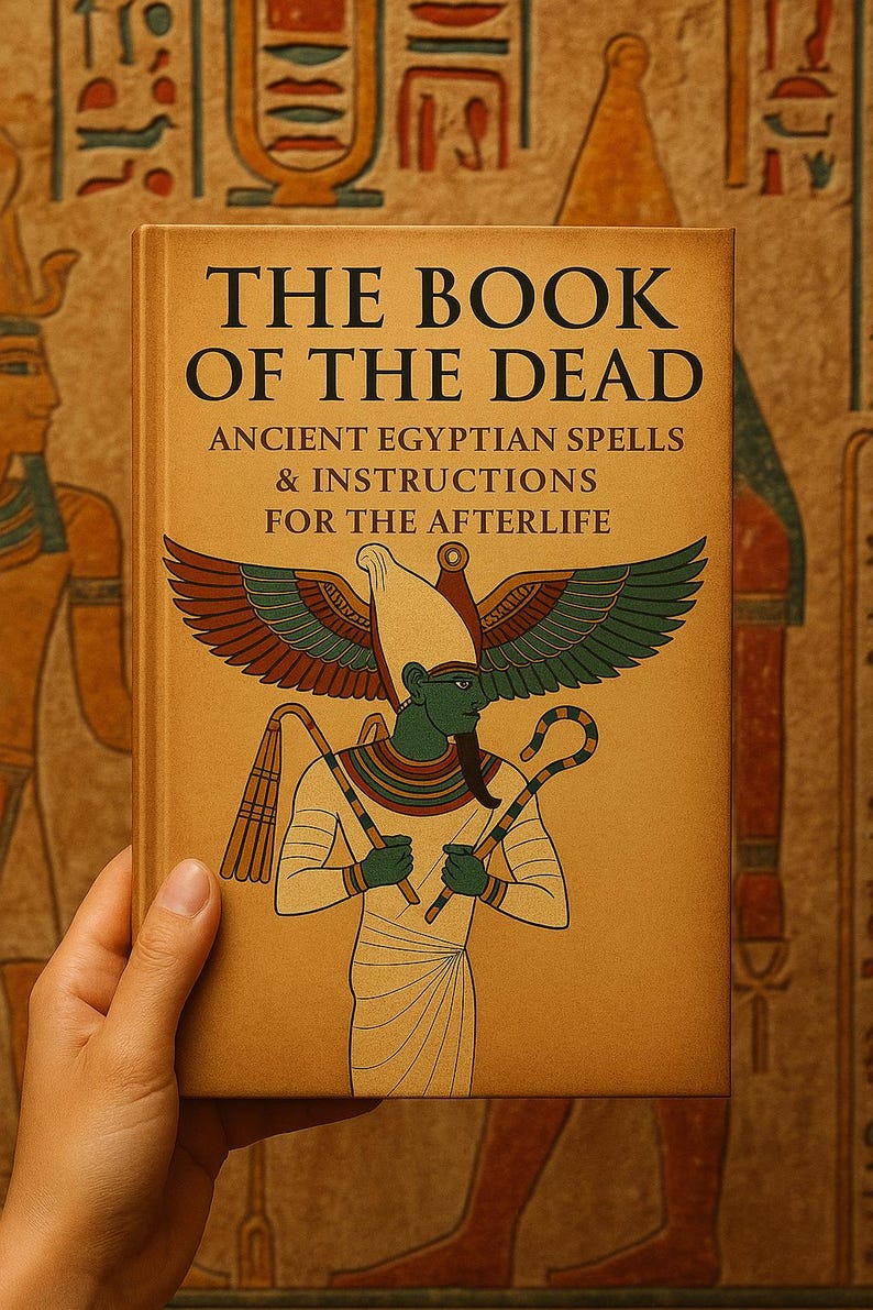 Pu&ograve; includere: Un libro con copertina rigida intitolato "THE BOOK OF THE DEAD" con il sottotitolo "ANCIENT EGYPTIAN SPELLS & INSTRUCTIONS FOR THE AFTERLIFE". La copertina presenta un'illustrazione di una divinit&agrave; egizia con ali e un bastone, nei toni del verde, marrone e oro.