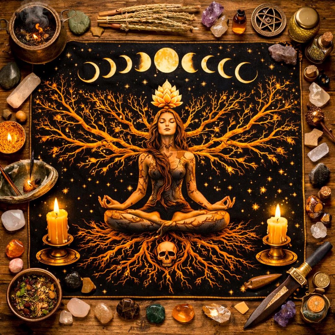 Moon Phases Goddess Tarot Cloth | Black Gold Altar Cloth | Witch ...