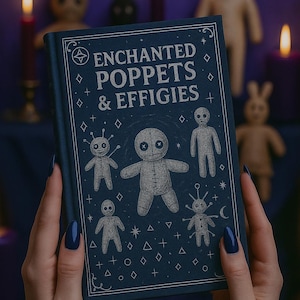 May include: A dark blue book titled "Enchanted Poppets & Effigies" with illustrations of doll-like figures. The book is held by hands with dark blue nail polish, with candles and other figurines in the background.
