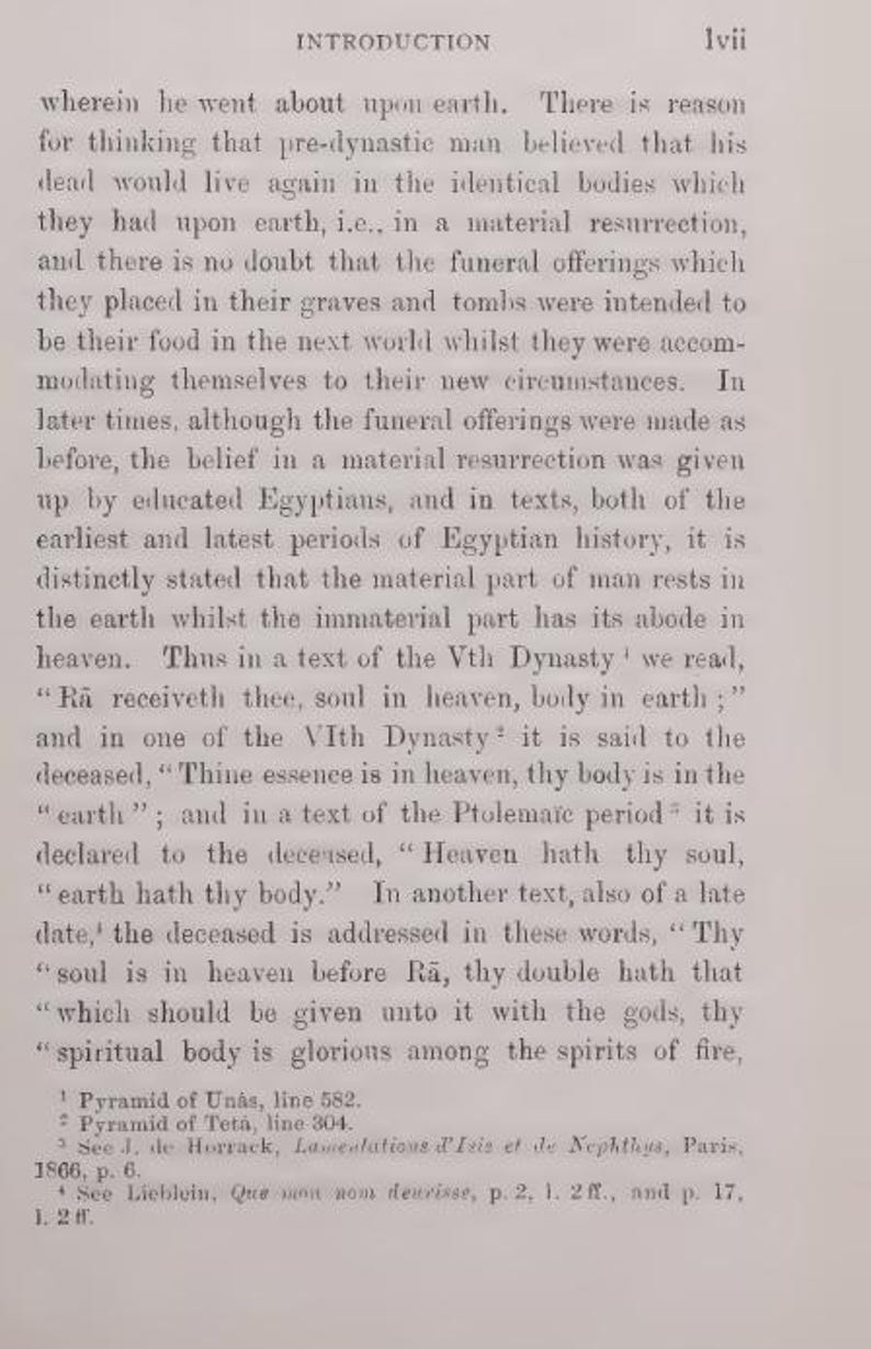 Pu&ograve; includere: Pagina di un libro d'epoca con il titolo "INTRODUCTION" e il numero romano "Ivii" in alto. Il testo in inchiostro nero &egrave; stampato su carta invecchiata, bianco sporco. Il testo tratta delle antiche credenze egizie sulla vita ultraterrena.
