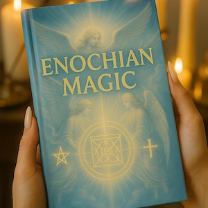 Può includere: Un libro intitolato "Enochian Magic" con una copertina azzurra. La copertina presenta illustrazioni di angeli, una stella, una croce e simboli geometrici, il tutto in una tonalità dorata. Il libro è tenuto davanti a uno sfondo sfocato di candele.