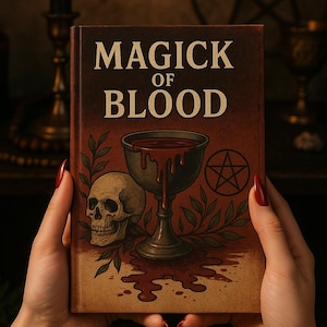 May include: A book titled "MAGICK OF BLOOD" is held in front of a dark background. The cover features a skull, a chalice with dripping liquid, and a pentagram. The book's color scheme is primarily brown, red, and gold.
