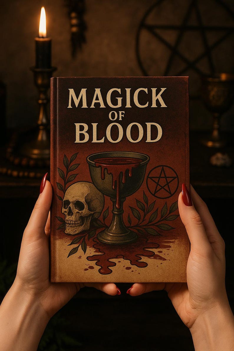 May include: A book titled "MAGICK OF BLOOD" is held in front of a dark background. The cover features a skull, a chalice with dripping liquid, and a pentagram. The book's color scheme is primarily brown, red, and gold.