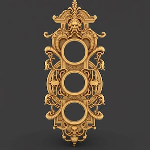 May include: Ornate gold-colored wall decor with three circular openings. The design features intricate carvings of faces, skulls, and floral patterns. The symmetrical piece has a vertical orientation and is set against a dark gray background.
