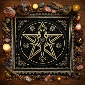 May include: A black altar cloth with a gold pentagram, crescent moons, and a female figure. The cloth is surrounded by candles, crystals, herbs, and other ritual items. The overall theme is Wiccan and spiritual.