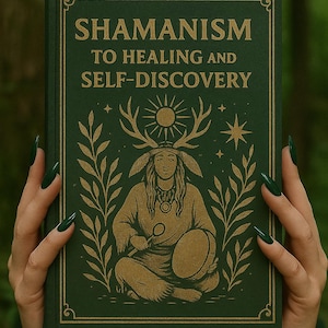 Op de afbeelding: Een groen boek met de titel "Sjamanisme voor genezing en zelfontdekking" met gouden letters en illustraties. De omslag toont een sjamanistische figuur met geweien, een zon, sterren en bladeren. Het boek wordt vastgehouden door handen met donkergroene nagels.