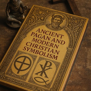 May include: A book titled "Ancient Pagan and Modern Christian Symbolism" with a detailed cover design. The cover is tan with dark brown text and illustrations. A small bronze statue of a figure with antlers and a wooden cross are also visible.