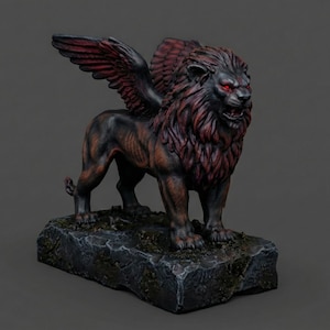 May include: A detailed sculpture of a winged lion, standing on a stone base. The lion has a dark body with a red mane and wings. Its eyes glow red, and the sculpture has a detailed, textured appearance.