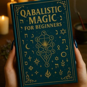 Może przedstawiać: Turkusowa książka zatytułowana "Qabalistic Magic for Beginners" ze złotymi literami i ilustracjami. Książka trzymana jest w dłoniach z ciemnoniebieskim lakierem do paznokci. Zapalone świece i kadzidło tworzą mistyczną atmosferę.