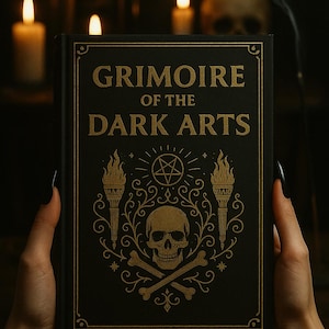 May include: A black book titled "Grimoire of the Dark Arts" with gold lettering and a decorative emblem featuring a skull, torches, and a pentagram. The book is held in front of a dark background with lit candles.