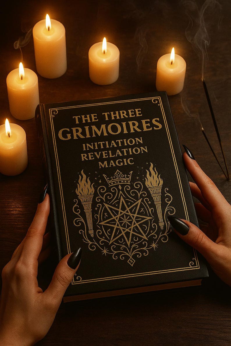 以下が含まれることがあります： 「The Three Grimoires」というタイトルの黒い本。金色の文字とイラスト、星とトーチが含まれています。本を中心に、いくつかのろうそくが灯り、お香が立てられています。黒いマニキュアを塗った人が本を持っています。