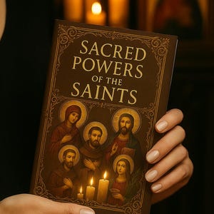 Könnte beinhalten: Ein Buch mit dem Titel "Sacred Powers of the Saints" mit Illustrationen von Heiligen und Kerzen. Das Buch hat einen braunen Einband mit goldfarbenen Buchstaben. Das Bild zeigt das Buch in den Händen einer Person.