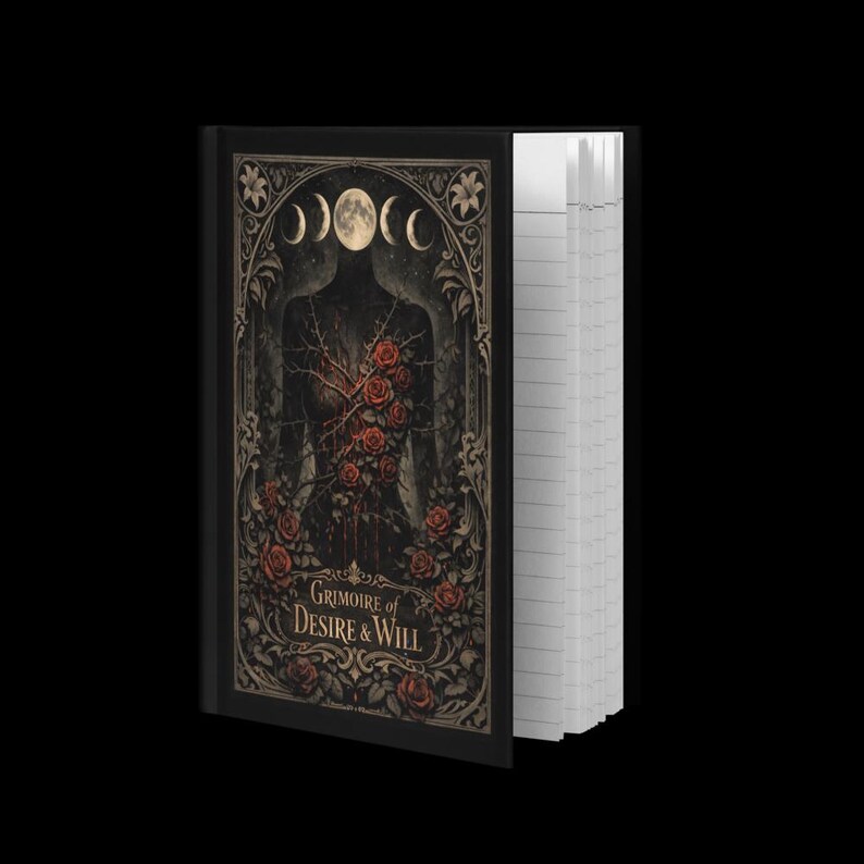 May include: Black journal with the title "Grimoire of Desire & Will." The cover features a dark illustration of a figure with roses and a moon phase design. The journal is open, revealing lined white pages.