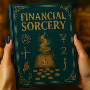 Può includere: Un libro turchese intitolato "FINANCIAL SORCERY" con lettere e illustrazioni dorate. La copertina presenta un sacco di soldi con un simbolo del dollaro, monete e simboli mistici. Il libro è tenuto da mani con smalto blu scuro.