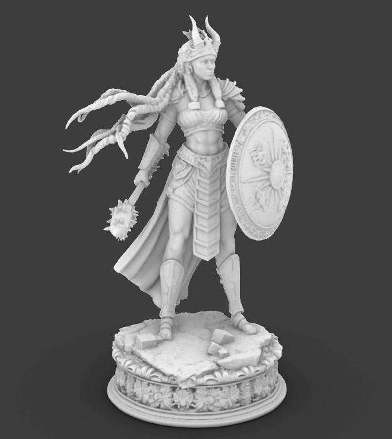 May include: A detailed 3D-printed figurine of a warrior woman, clad in armour and holding a mace and shield. The figure stands on a decorative base, showcasing intricate details. The warrior wears a crown and has long, flowing hair. The overall colour is a neutral, light grey.
