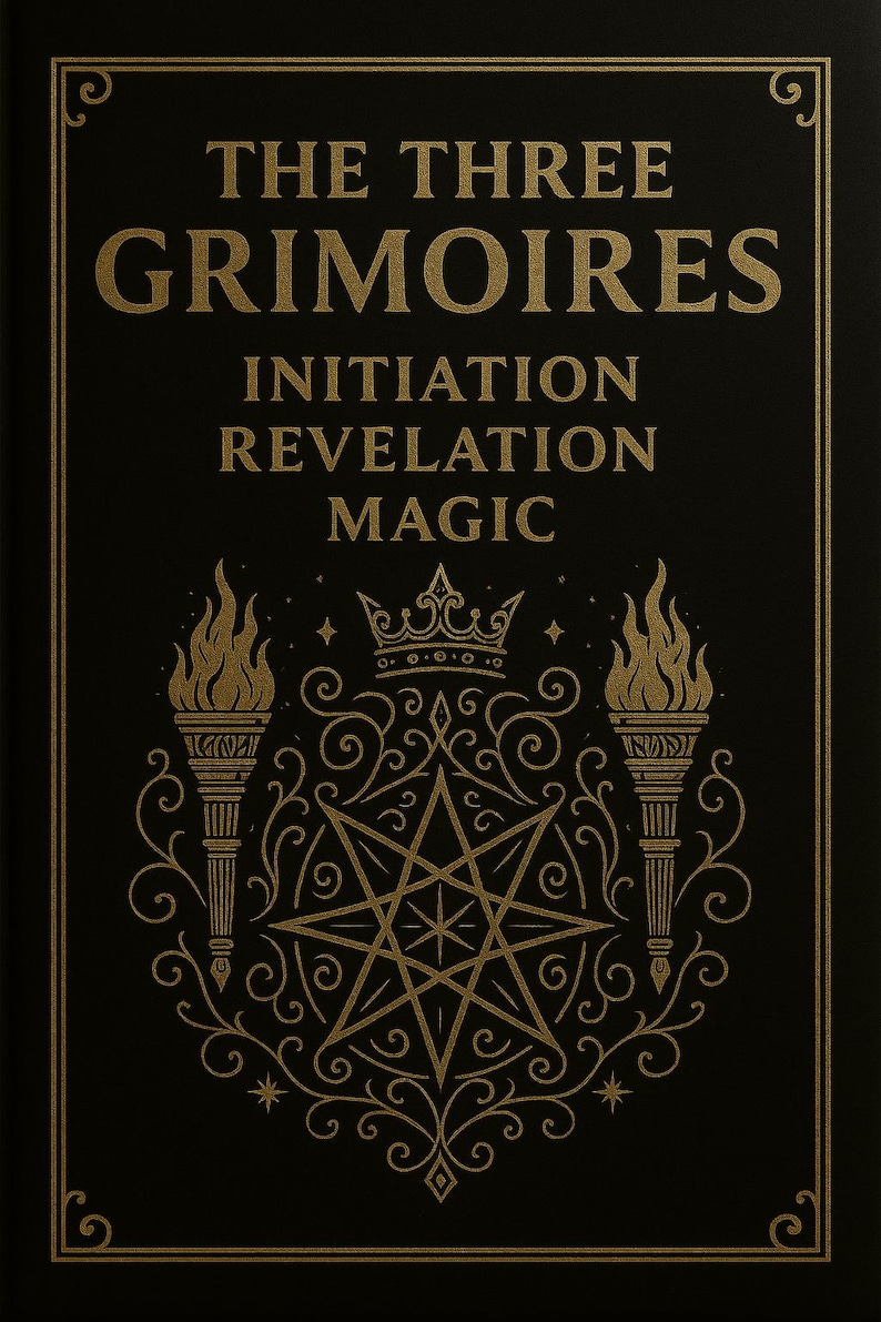 以下が含まれることがあります： 金色の文字とイラストが施された黒い本の表紙。「THE THREE GRIMOIRES」のタイトルが「INITIATION REVELATION MAGIC」という言葉の上にあります。表紙には、トーチ、王冠、星が装飾的なデザインで描かれています。