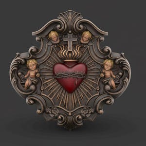 Può includere: Targa da parete ornata, color bronzo, con un cuore rosso centrale circondato da una corona di spine. Il cuore è sormontato da fiamme e da una croce. Quattro cherubini sono posizionati attorno al cuore e la targa ha un bordo decorativo.