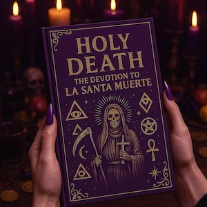 Può includere: Un libro viola intitolato "HOLY DEATH" con lettere e illustrazioni dorate. La copertina presenta l'immagine di uno scheletro in abito che tiene una falce e una croce. Il libro è circondato da candele accese.