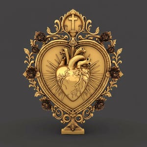 May include: A gold-coloured religious emblem in the shape of a heart, with a cross at the top. The heart has a detailed anatomical design, framed by elaborate floral and scrollwork. Set against a dark grey background.