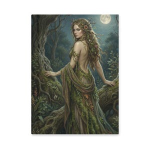 May include: A canvas print of a woman in a forest setting, illuminated by moonlight. She wears a gown adorned with leaves and vines, with a floral crown in her hair. The artwork evokes a mystical, natural theme.