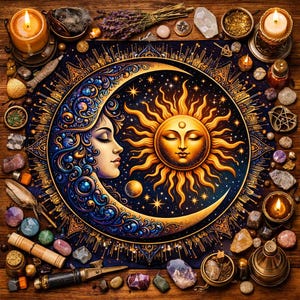 Pode incluir: Uma tapeçaria com tema celestial com uma lua crescente com o rosto de uma mulher e um sol radiante. O design é em tons de azul, dourado e amarelo, rodeado por estrelas. A imagem está sobre uma superfície de madeira com velas, cristais e outros itens místicos.