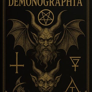 May include: A black book cover with the title "DEMONOGRAPHIA" in gold lettering. The cover features illustrations of demonic figures, including a horned face with wings, a pentagram, and various occult symbols. The design has a vintage, gothic aesthetic.