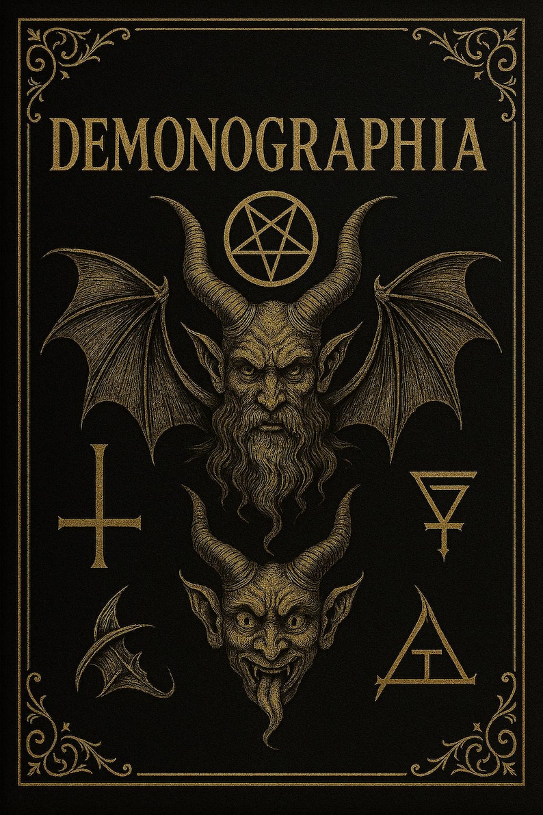 May include: A black book cover with the title "DEMONOGRAPHIA" in gold lettering. The cover features illustrations of demonic figures, including a horned face with wings, a pentagram, and various occult symbols. The design has a vintage, gothic aesthetic.