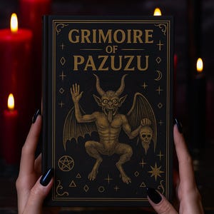 Peut inclure: Un livre noir intitulé "Grimoire of Pazuzu" avec des lettres et des illustrations dorées d'un démon cornu tenant un crâne. Le livre est présenté sur un fond sombre avec des bougies allumées.