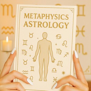 May include: A book titled "METAPHYSICS ASTROLOGY" is held by hands with white nail polish. The cover features a human figure and zodiac symbols. The background is a light beige color with more zodiac symbols.