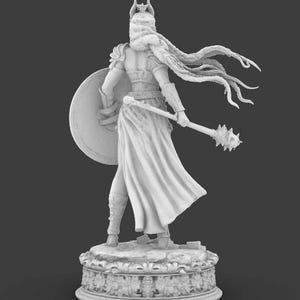May include: A white statue of a warrior figure, seen from behind, holding a shield and a mace. The figure wears armour, a flowing cape, and a horned helmet. The statue stands on a decorative base with floral patterns.