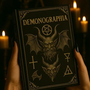 May include: A dark green book titled "Demonographia" with gold lettering and illustrations of demonic figures. The cover features a pentagram, bat wings, and various symbols. The book is held in front of a blurred background with lit candles.