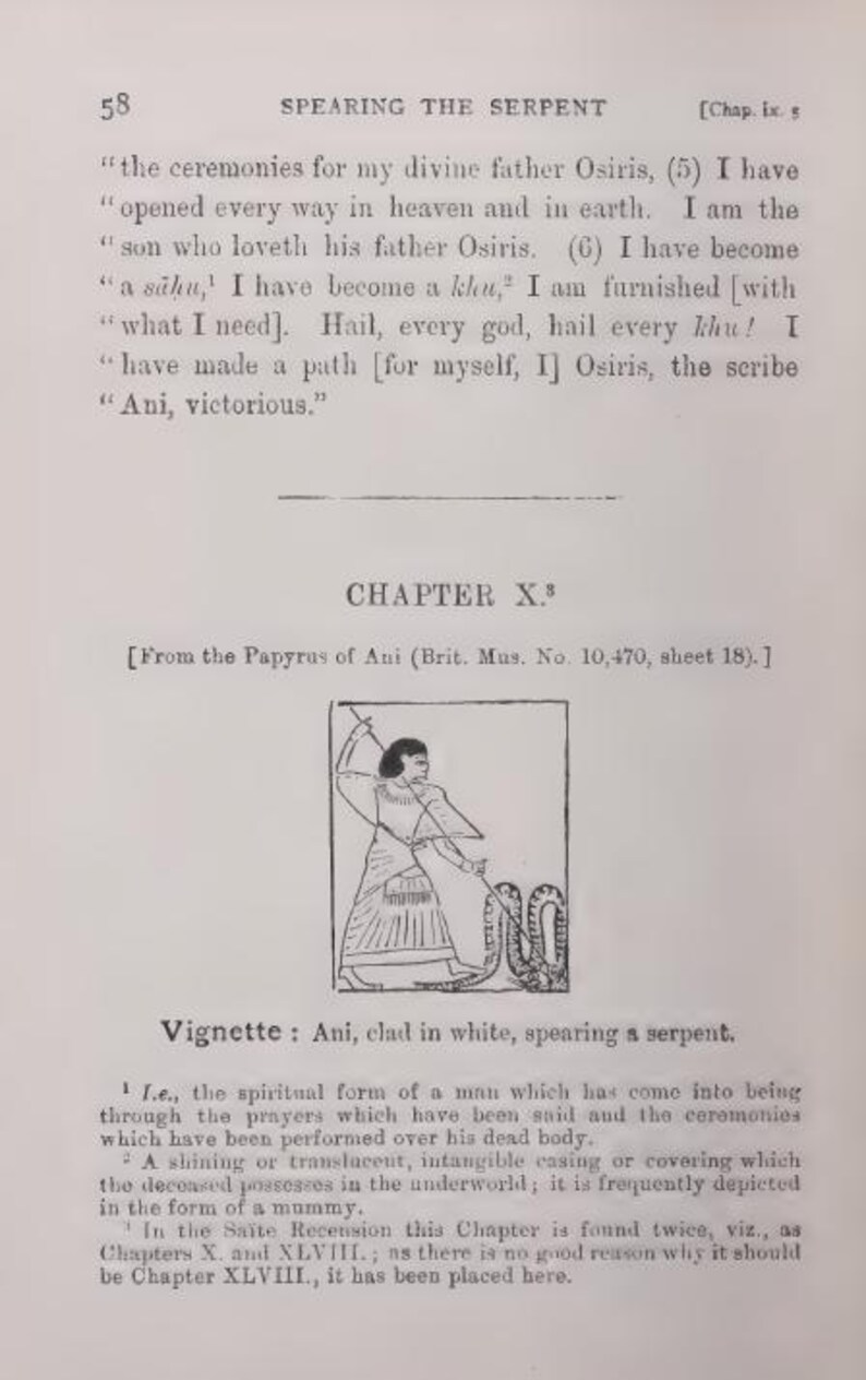 Pu&ograve; includere: Una pagina di un libro antico intitolato "Spearing the Serpent". La pagina presenta testo, un titolo di capitolo e una piccola illustrazione di una figura che trafigge un serpente. L'illustrazione &egrave; in bianco e nero.