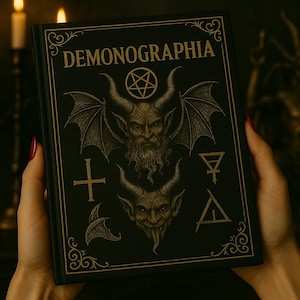 May include: A black book titled "Demonographia" with gold lettering and illustrations of demons, a pentagram, and other symbols. The book is held in front of a dark background with candles and a statue.
