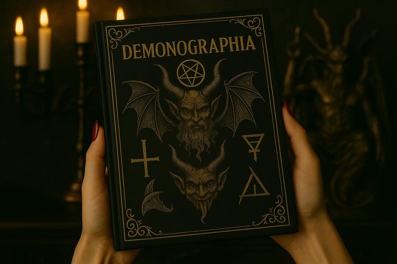 May include: A black book titled "Demonographia" with gold lettering and illustrations of demons, a pentagram, and other symbols. The book is held in front of a dark background with candles and a statue.