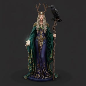 The Morrigan with Raven and Staff Statue STL File – 3D Printable Celtic Goddess of War and FILE STL digitale