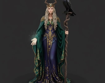 モリガンとカラスと杖の像のSTLファイル – 3Dプリント可能なケルトの戦いの女神とデジタルSTLファイル