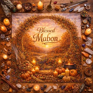 Può includere: Illustrazione a tema autunnale con il testo "Blessed Mabon". L'immagine presenta un paesaggio centrale circondato da una ghirlanda di foglie autunnali. Zucca, candele e un cesto di frutta sono disposti intorno alla scena, evocando una celebrazione del raccolto.