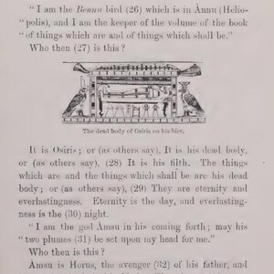Pu&ograve; includere: Pagina di un libro antico con testo e illustrazione. Il testo tratta di Osiride e dell'uccello Bennu, con un disegno di una bara. La pagina &egrave; invecchiata con segni di usura visibili.
