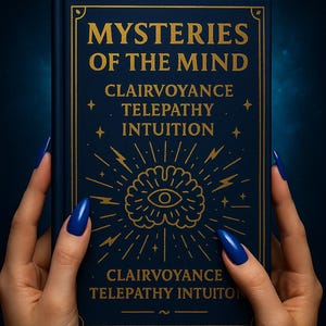 May include: A dark blue book titled "Mysteries of the Mind" with gold lettering. The book cover features the words "Clairvoyance, Telepathy, Intuition" and an illustration of a brain with an eye. The book is held by hands with blue nails.