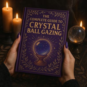 Puede incluir: Un libro morado titulado "The Complete Guide to Crystal Ball Gazing" con letras doradas y una ilustración de bola de cristal. El libro está sostenido por manos con esmalte de uñas morado, con velas encendidas y una bola de cristal en el fondo.