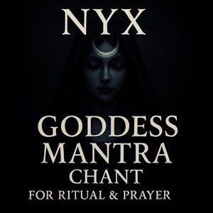 May include: Dark, artistic image featuring the word "NYX" at the top. Below, a woman with a crescent moon on her forehead is depicted. The text "GODDESS MANTRA CHANT FOR RITUAL & PRAYER" is displayed in a serif font.