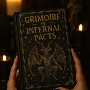 May include: A dark green book titled "Grimoire of Infernal Pacts" with gold lettering and illustrations. The cover features a horned demon with wings and a pentagram. The book is held in front of a blurred background with lit candles.