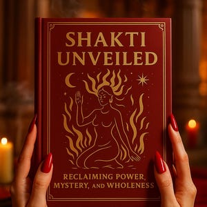 Puede incluir: Un libro granate titulado "SHAKTI UNVEILED" con letras e ilustraciones doradas. La portada presenta una figura femenina sentada rodeada de llamas, una luna creciente y una estrella. El subtítulo dice "RECLAIMING POWER, MYSTERY, AND WHOLENESS."