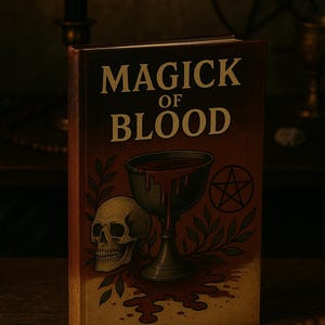 May include: A book titled "Magick of Blood" with a skull, chalice, and pentagram illustration. The cover is a dark red with gold lettering. A lit candle and wooden beads are in the background.