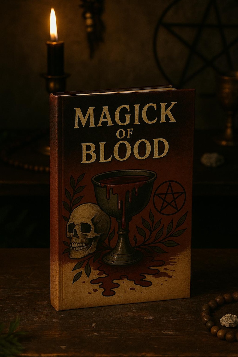 May include: A book titled "Magick of Blood" with a skull, chalice, and pentagram illustration. The cover is a dark red with gold lettering. A lit candle and wooden beads are in the background.