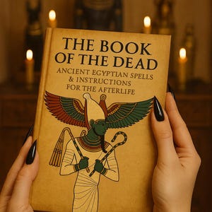 Pu&ograve; includere: Un libro intitolato "Il Libro dei Morti" con il sottotitolo "Antichi Incantesimi Egizi e Istruzioni per l'Aldil&agrave;". La copertina presenta un'illustrazione di una divinit&agrave; egizia con le ali e un bastone. Il libro &egrave; tenuto da una persona con lo smalto nero.