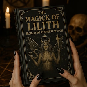May include: A black book titled "The Magick of Lilith" with gold lettering and decorative accents. The cover features an illustration of a woman with horns, wings, and a snake. The book is held by hands with long, black fingernails.