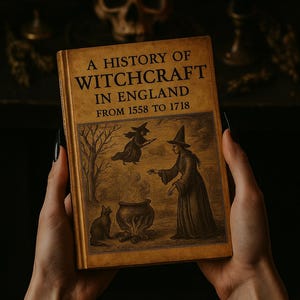 Pode incluir: Livro « A History of Witchcraft in England » de 1558 a 1718. A capa sépia apresenta ilustrações de bruxas, um caldeirão e um gato preto. O livro é segurado em frente a um crânio.
