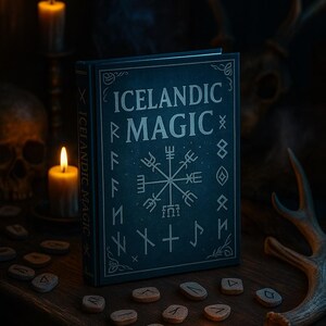 May include: A dark blue book titled "Icelandic Magic" with runes and a compass symbol. Lit candles and scattered rune stones sit on a wooden surface. A deer antler and a skull are in the background.