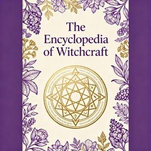 May include: The Encyclopedia of Witchcraft book cover. The cover features the title in a dark purple font, surrounded by floral illustrations in purple and gold. A gold circular emblem with a star design is centered on the cover.
